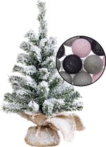 Mini kerstboom besneeuwd - incl. verlichting met bollen mix grijs/lichtroze - H45 cm