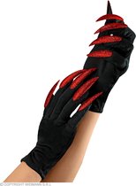 Widmann - Heks & Spider Lady & Voodoo & Duistere Religie Kostuum - Handschoenen Heks Met Groene Glitter Nailart - Rood, Zwart - Halloween - Verkleedkleding