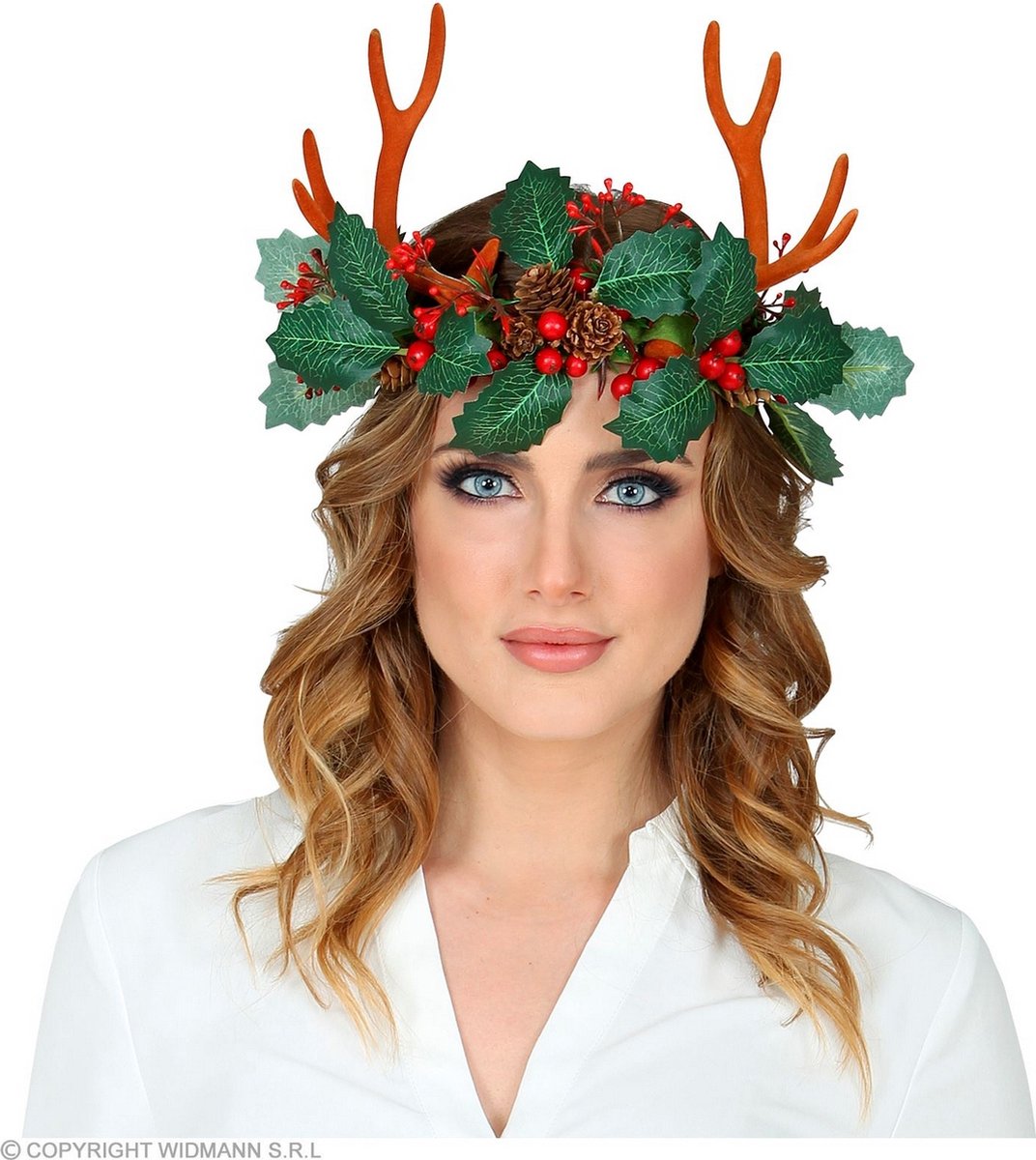 Widmann - Hert & Rendier & Rudolf Kostuum - Fabelachtige Rendierhoorns Met Hulst En Dennenappels - Groen, Bruin - Kerst - Verkleedkleding