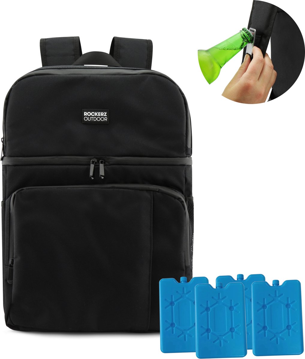 Rockerz Koeltas rugzak - 4 laags geïsoleerde - Incl. 4 koelelementen - 28 liter - Lunchtas - Picknicktas - Capaciteit voor 40x 33 cl blikken of 25x 33 cl flesjes - Slijtvast en duurzaam materiaal - Waterdicht en vuilafstotend - Kleur: Zwart - Rockerz