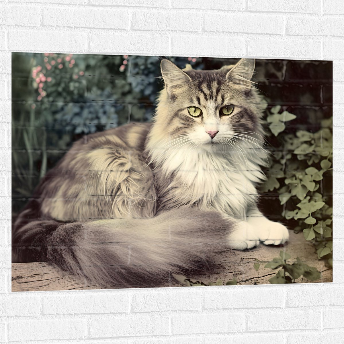 Muursticker - Grijze kat met groene ogen in de natuur op een boomstam - 100x75 cm Foto op