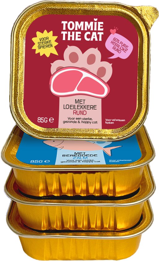 Drie goudkleurige bakjes Tommie the Cat kattenvoer opgestapeld. Bovenste twee met etiketten: rund en zalm.