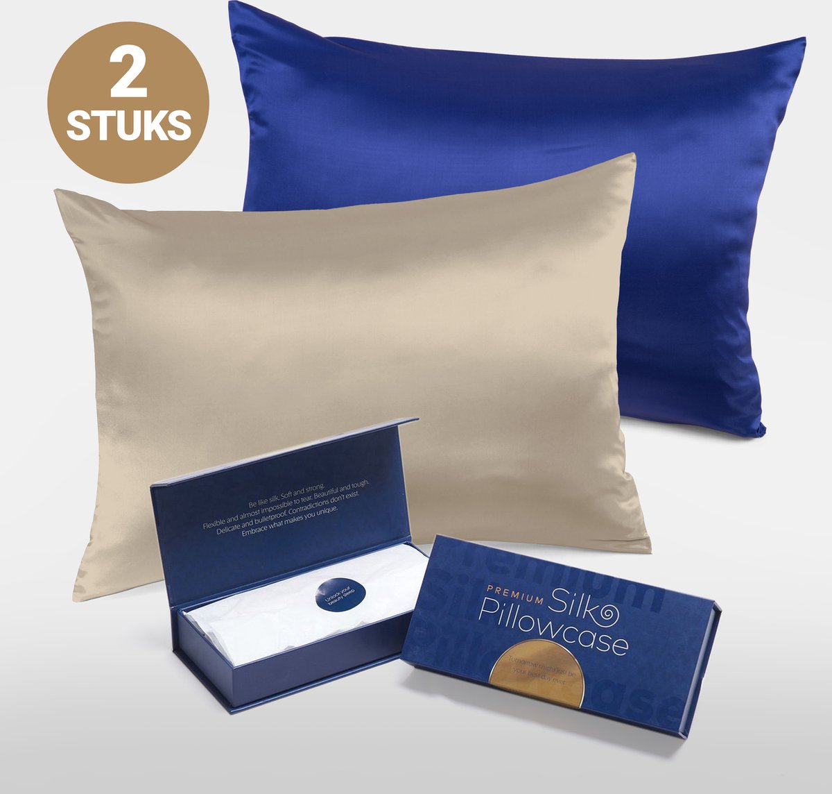 Slowwave Premium Silk Pillowcase - Extra voordelig colorpack: Champagne en Cloud Burst (blauw) - Ervaar het beste zijden kussensloop - 100% Mulberry zijde - 22 momme - Hoogste kwaliteit (grade 6A) - 60x70cm