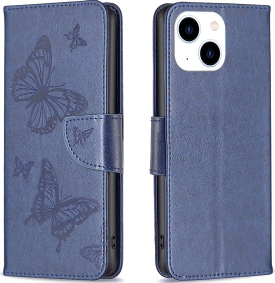 Mobigear Telefoonhoesje geschikt voor Apple iPhone 15 Hoesje | Mobigear Butterfly Bookcase Portemonnee | Pasjeshouder voor 3 Pasjes | Telefoonhoesje voor Pinpas / OV Kaart / Rijbewijs - Blauw