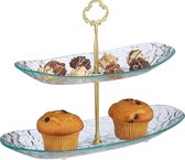 Etagère 2 verdiepingen, muffins, cupcakes, snacks, ovaal, glas, HBT 25 x 33,5 x 13 cm, serveerstandaard, goud/transparant, 1 stuk