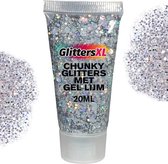 Chunky Glitters met Gel Lijm Tube (Zilver) [Volume 20ML - Festival Jewels Glitter Outfit Lichaam en Gezicht - Make-up Diamond Dots Face Body - Diamantjes Strass Steentjes - Kinderen Volwassenen Dames Makeup Tattoo Mastix Schmink]