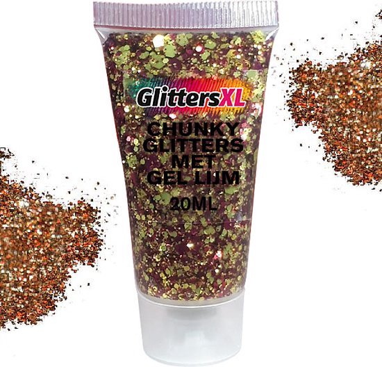 Foto: Chunky glitters met gel lijm tube goud rood volume 20ml festival jewels glitter outfit lichaam en gezicht make up diamond dots face body diamantjes strass steentjes kinderen volwassenen dames makeup tattoo mastix schmink 