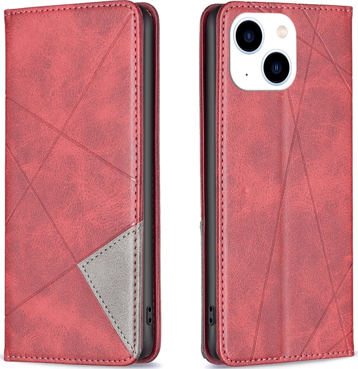 Mobigear Telefoonhoesje geschikt voor Apple iPhone 15 Hoesje | Mobigear Rhombus Slim Bookcase | Pasjeshouder voor 2 Pasjes | Telefoonhoesje voor Pinpas / OV Kaart / Rijbewijs - Rood