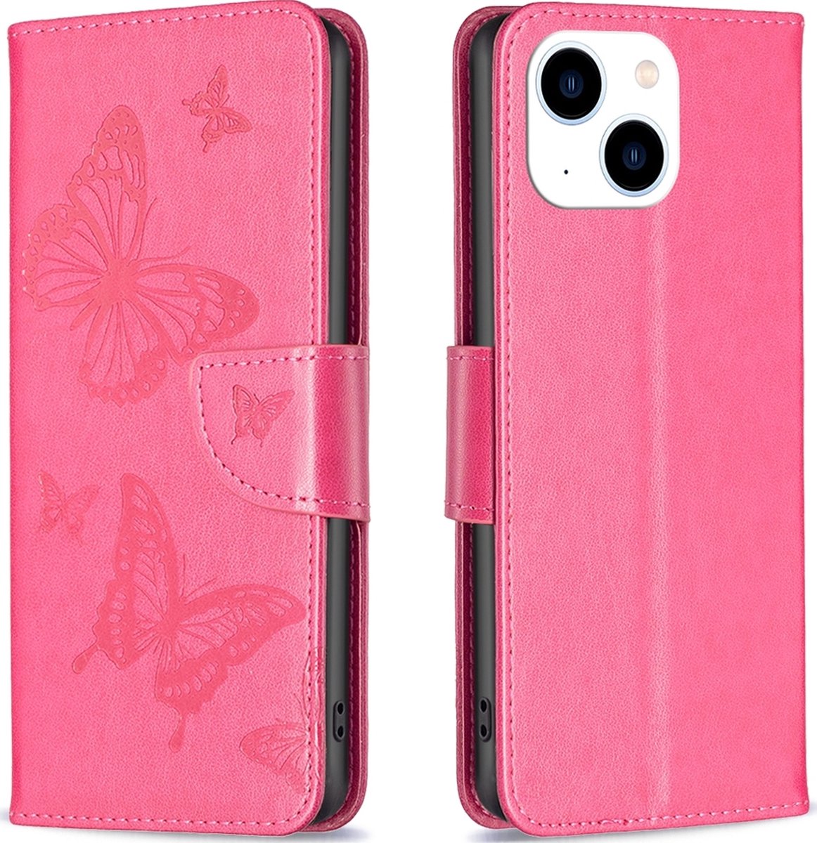 Mobigear Telefoonhoesje geschikt voor Apple iPhone 15 Hoesje | Mobigear Butterfly Bookcase Portemonnee | Pasjeshouder voor 3 Pasjes | Telefoonhoesje voor Pinpas / OV Kaart / Rijbewijs - Magenta