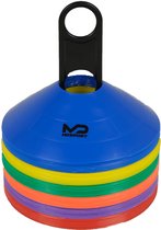 Stapel met 60 kleurrijke MDsport pionnen in rood, oranje, groen, geel, blauw en paars, met een zwarte drager.