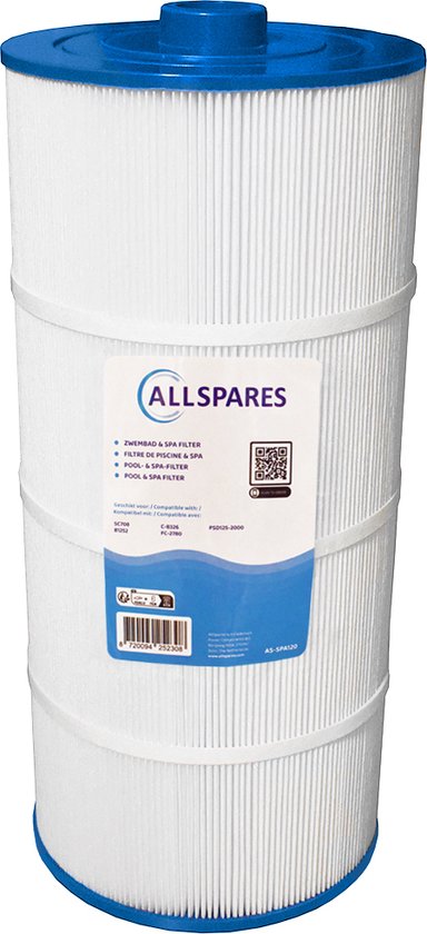 Wit filter met blauwe boven- en onderkant en het logo 'ALLSPARES'.