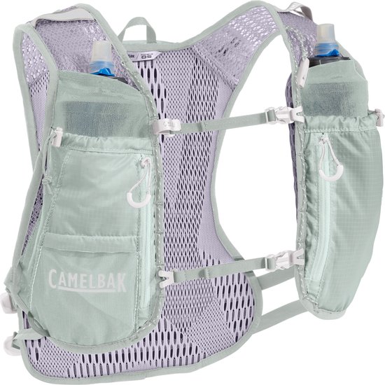 CamelBak Zephyr Vest voor Vrouwen - One Size - Ultralicht Materiaal - Ruimte voor 2 Flexibele 500 ml flessen - Reflecterend - 8 vakken - Hardloopvest - Drinkhouder - Drinkzak - Grijs met Blauw