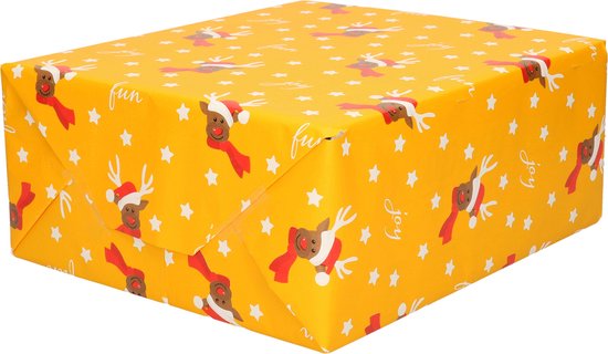 1x Rouleaux de papier cadeau Noël /papier cadeau jaune ocre/renne amusant 2,5 0 0,7 cm - Papier de Luxe qualité papier Noël - Noël