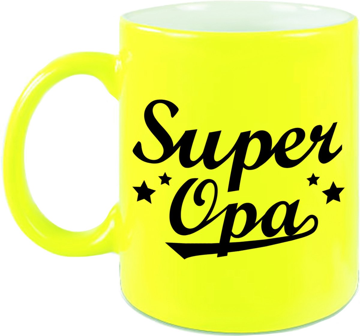 Super opa tekst cadeau mok / beker - 330 ml - neon geel - kado koffiemok / theebeker