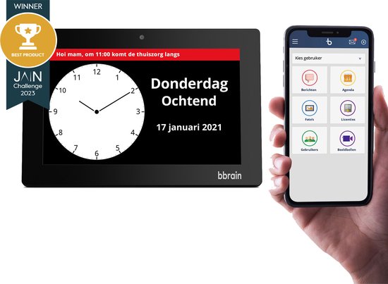 Foto: Bbrain family dementieklok bedienbaar met app beheer activiteiten beeldbellen met uw dierbare