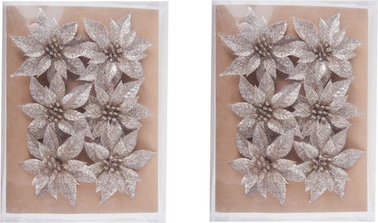 12x stuks decoratie bloemen rozen champagne glitter op clip 8 cm - Decoratiebloemen/kerstboomversiering/kerstversiering