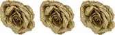 3x stuks decoratie bloemen roos goud glitter op clip 18 cm - Decoratiebloemen/kerstboomversiering/kerstversiering