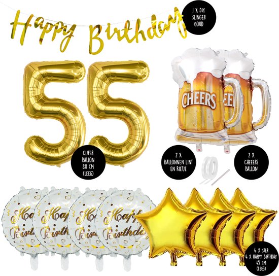 55 Jaar Verjaardag Cijfer ballon Mannen Bier - Feestpakket Snoes Ballonnen Cheers & Beers - Herman