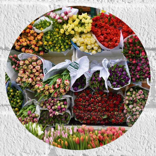 Muursticker Cirkel - Markt - Bloemen - Tulpen - Rozen - Hout - Kleuren - 20x20 cm Foto op Muursticker