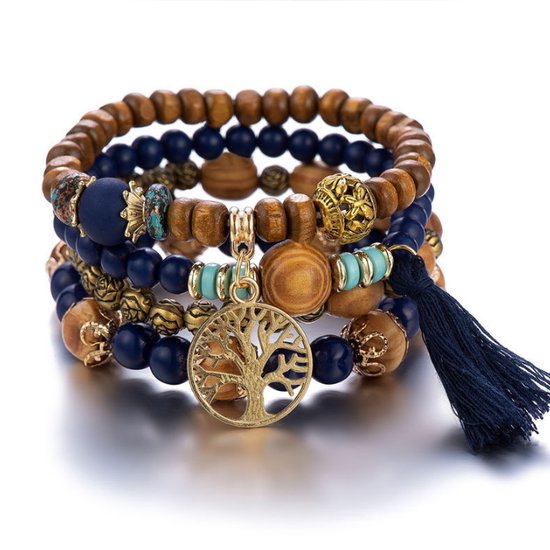 NiSy.nl Perles en bois lot de 4 bracelets | Arbre de la vie | Bracelet femme Blauw