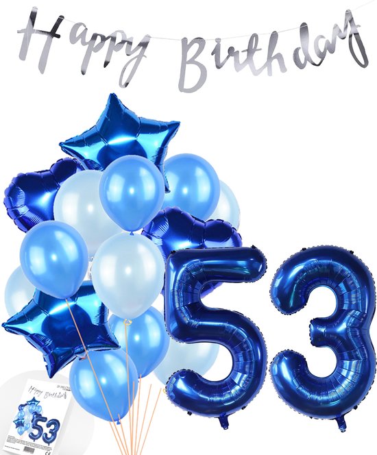Snoes Ballonnen 53 Jaar Feestpakket – Versiering – Verjaardag Set Mason Blauw Cijferballon 53 Jaar - Heliumballon