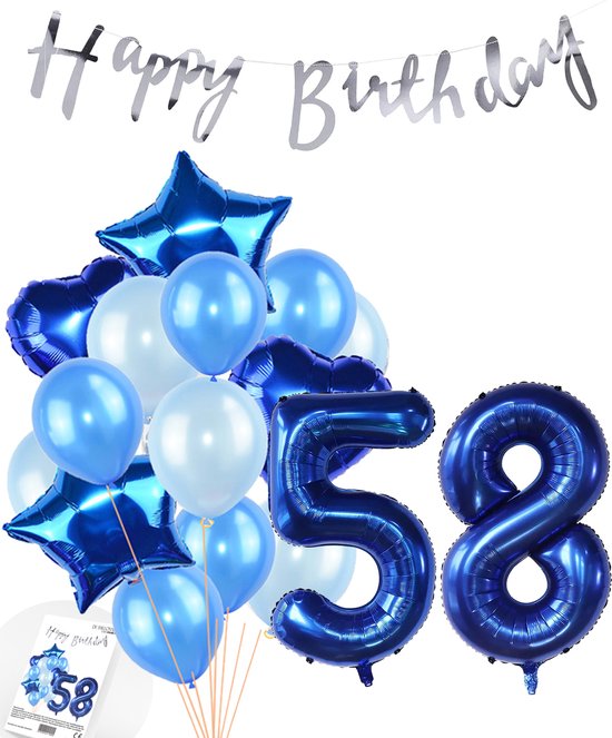 Snoes Ballonnen 58 Jaar Feestpakket – Versiering – Verjaardag Set Mason Blauw Cijferballon 58 Jaar - Heliumballon