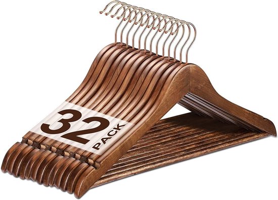 Houten kleerhangers, set van 10, natuurlijke kleur, kleerhangers, platte vorm, 35 cm breed, voor rokken, tops, jassen en jassen, massief hout