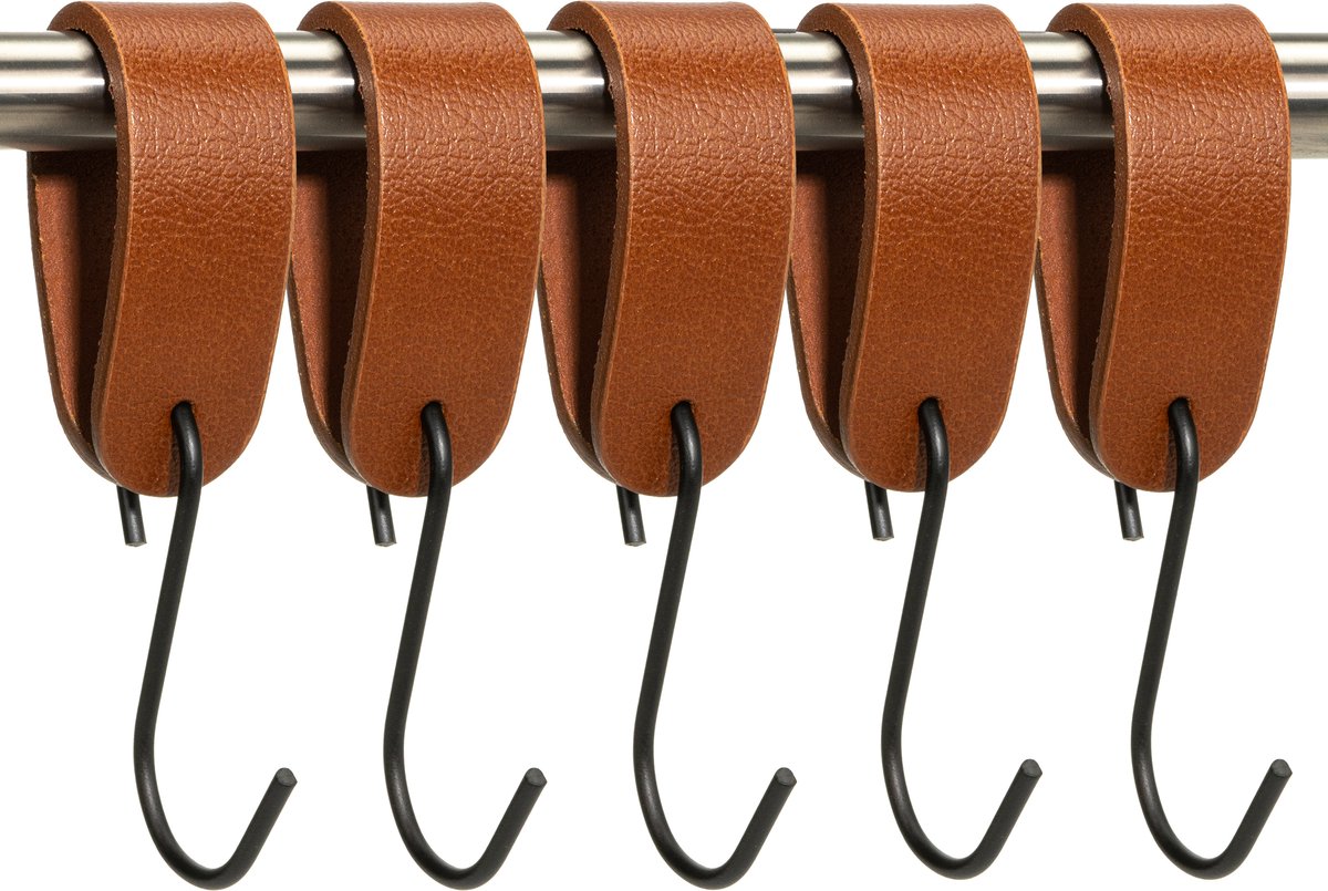 Buffel&Co Ophanghaken - Leren S-haak hangers - Cognac - 5 stuks - 15 x 2,5 cm – Handdoekhaakjes – Kapstokhaak