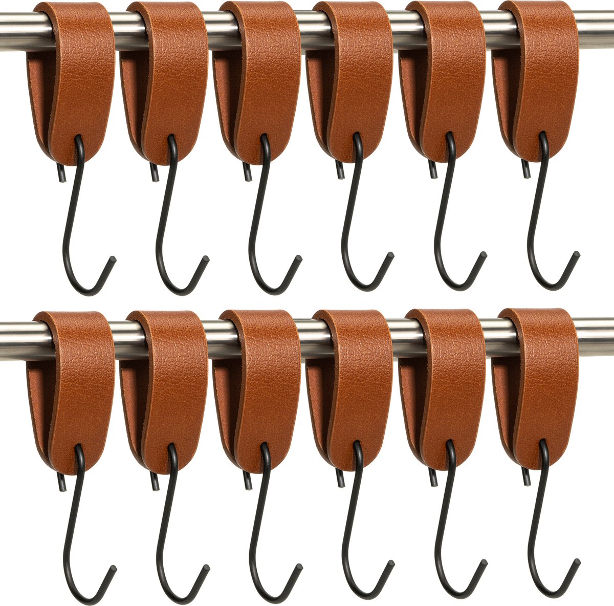 Buffel&Co Ophanghaken - Leren S-haak hangers - Cognac S haken - 12 stuks - 15 x 2,5 cm – Handdoekhaakjes – Kapstokhaak