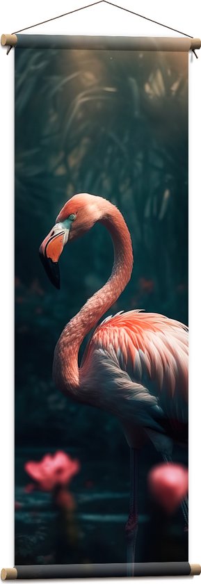 Textielposter - Exotische Roze Flamingo in het Water bij Roze Lelies - 40x120 cm Foto op Textiel