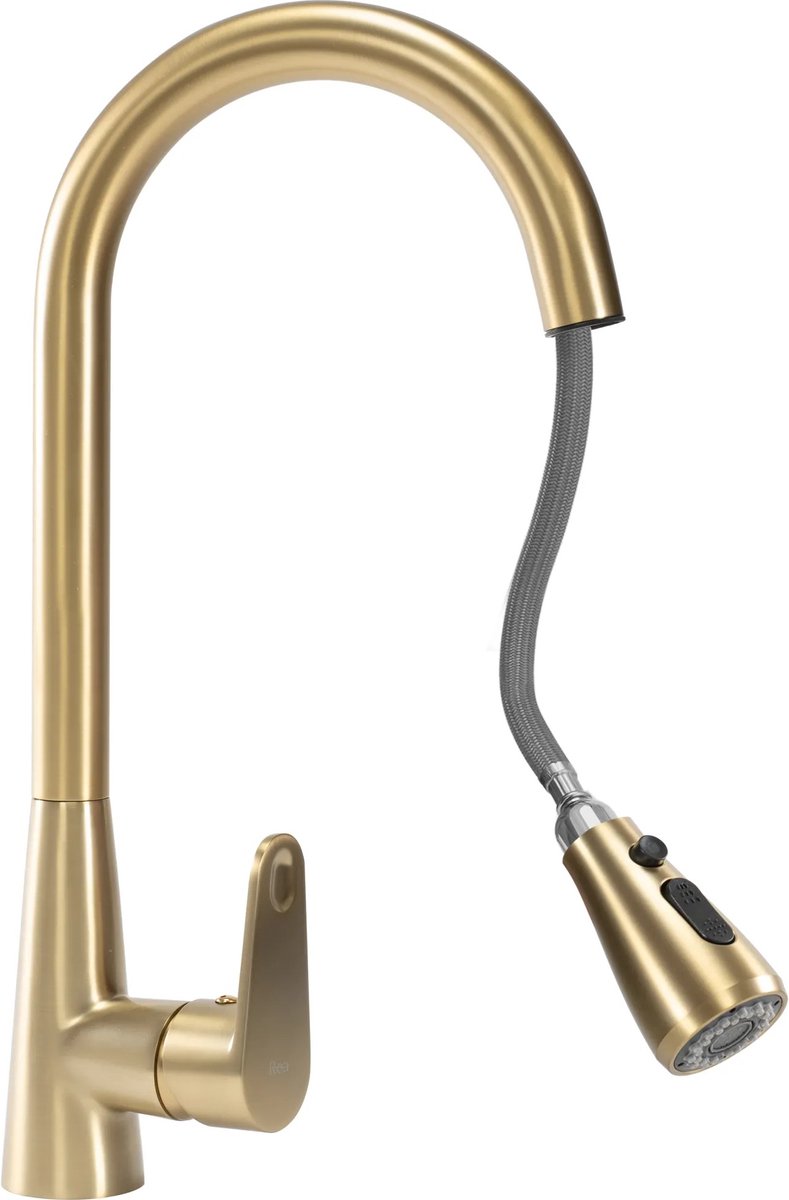 MANDEE.NL - ONE Moderne opbouw Keukenkraan Geborsteld Goud - Keukenwastafel Kraan Enkele Handvat Mixer Kraan met Uittrekbare warm en Koud Roterende Zwarte Kraan