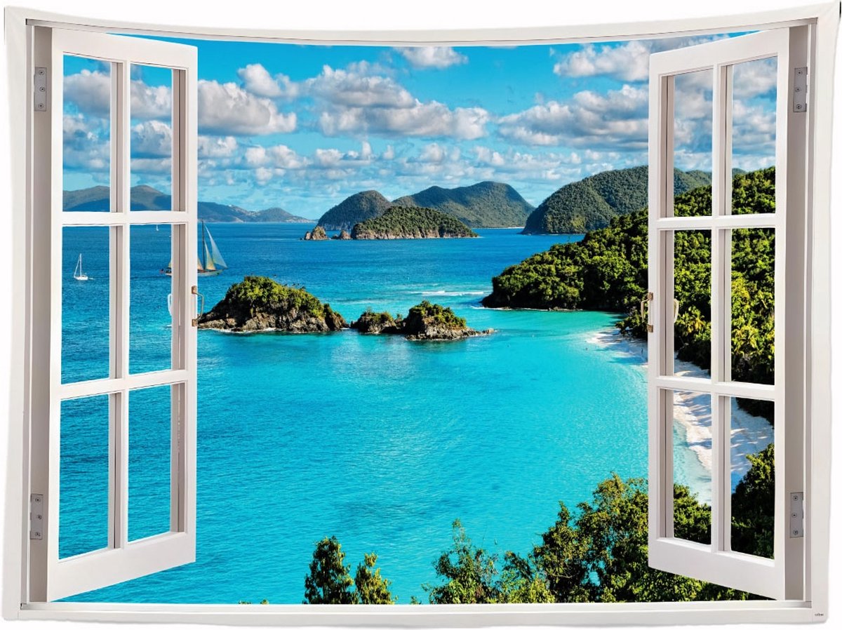 Ulticool Wandkleed 200x150 cm – Natuur Zee Strand Bergen – Inclusief Bevestigingspinnen - Tuinposter doorkijk - Poster Wandtapijt Tapestry - voor Binnen en Buiten - Vrouw Mannen Gadget Tiener Meisje Jongen
