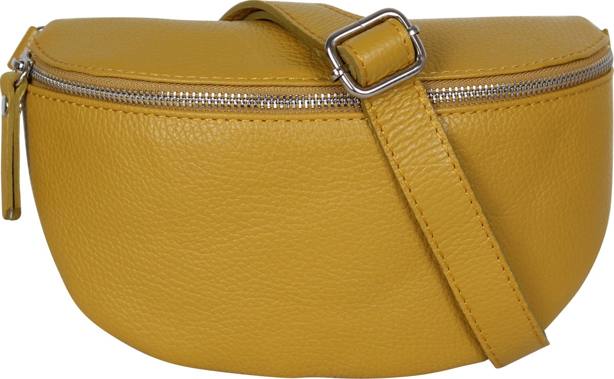 AmbraModa GLX1 - kleine heuptas buiktas crossbodytas, ideaal voor vakantie, reizen, uitgaan gemaakt van echt leer. Mosterdgeel