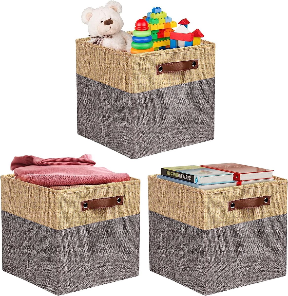3 stuks opvouwbare opbergdozen, 30 x 30 x 30 cm, opbergdozen met handvat, vouwbox voor rek, opbergkist van stof voor speelgoed, kleding, boeken (grijs/beige)