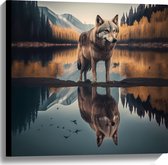 Canvas - Wolf in Landschap met Weerspiegeling in het Water - 60x60 cm Foto op Canvas Schilderij (Wanddecoratie op Canvas)