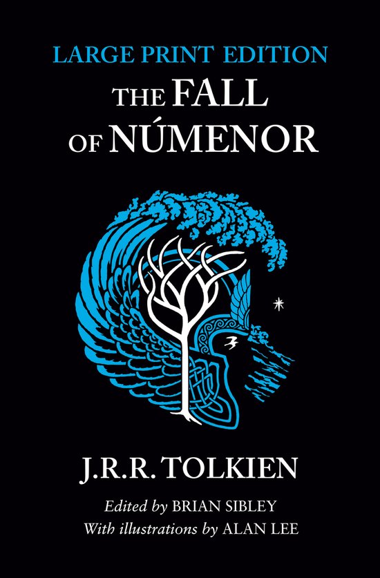 Couverture du livre 'The Fall of Númenor' avec illustration bleue et blanche d'un arbre sur un casque.