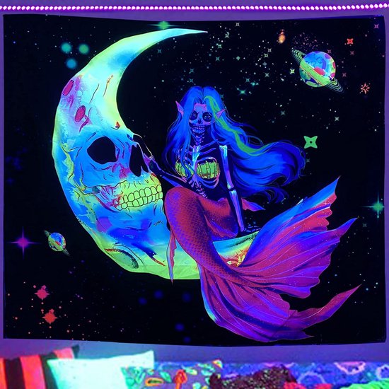 Ulticool - Zeemeermin Maan Skelet Planeten - Glow in the Dark Tapestry Decoratie Magic - Psychedelisch - Blacklight Party Wandkleed Achtergronddoek - 200x150 cm - Backdrop UV Lamp Reactive - Groot wandtapijt - Poster - Fluoriserende Neon Verlichting