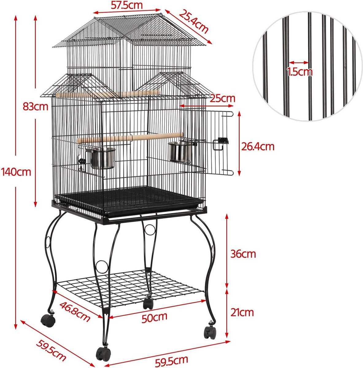 Volière XXL Yaheetech 81 x 46,5 x 175,5 cm noir avec support à roulettes, 3 niveaux, 8 mangeoires - Animalerie