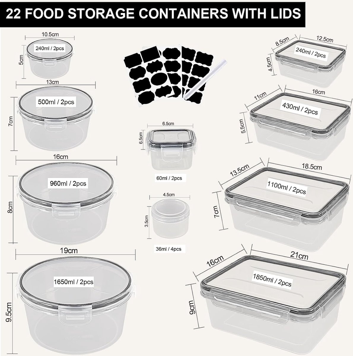 THLEITE Voedselopslagcontainers met deksels, set van 48 stuks (24