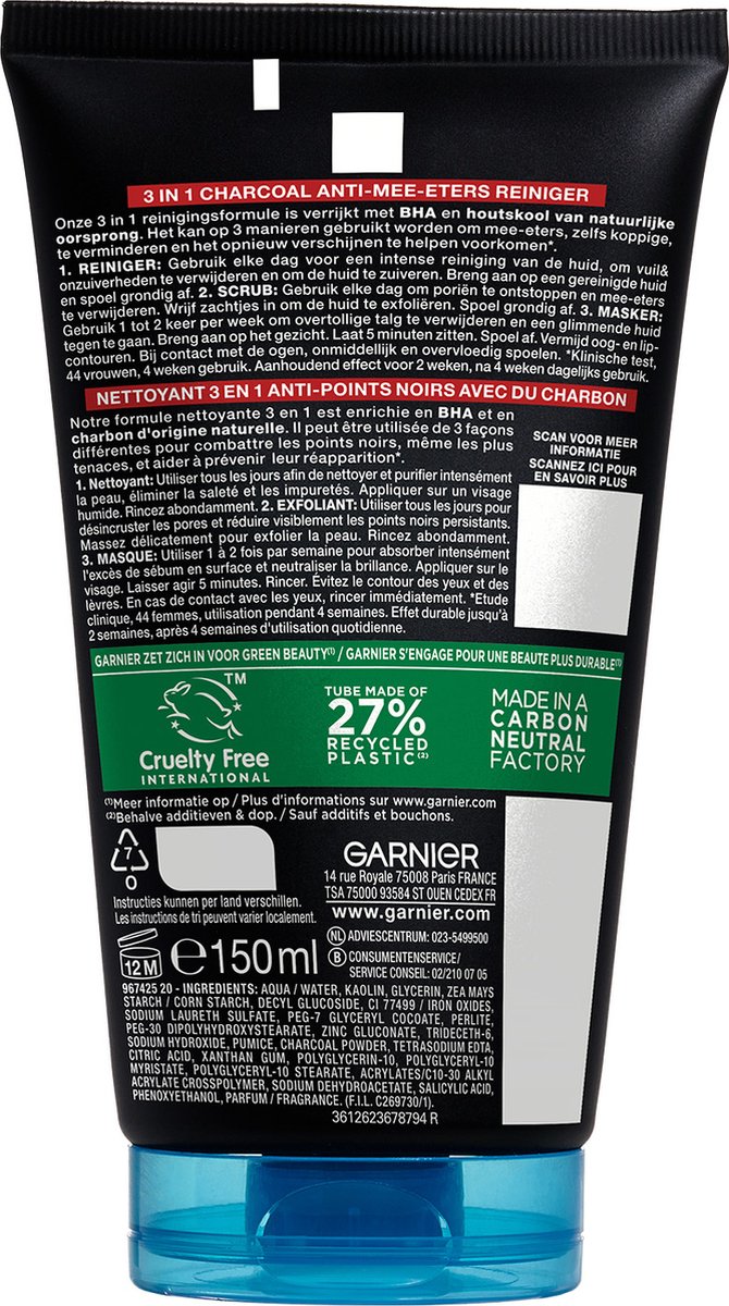 Garnier Pure Active 3in1 Gezichtsreiniger met Charcoal – Houtskool Gezichtsmasker, Gezichtsscrub én gezichtsreiniger in een - 150ml thumbnail 4