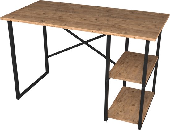 Desk Africa - Laptoptafel - 75x120x60 cm - Zwart en Eiken - Spaanplaat en Metaal - Met 2 Planken - Modern Design