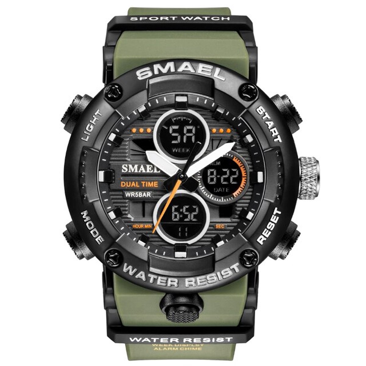 Shockbestendig Heren Horloge Zwart Groen | Smael | 8038 | Shock | Waterdicht | Glow in dark | Mud Master | Leger ARMY | Licht | Rubberen band | Timer | Eyecatcher | Master | Cadeau