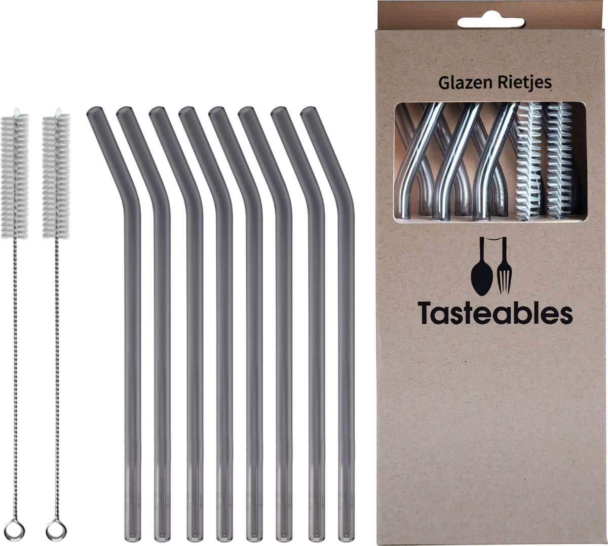 Glazen Rietjes Gebogen - Cocktail Rietjes - Tasteables - Set van 8 - Duurzaam - Herbruikbaar - Reinigingsborstel - 200mm lengte - Zwart