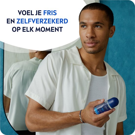 Man met witte blouse houdt NIVEA MEN Fresh Active roll-on deodorant vast. Tekst: 'Voel je fris en zelfverzekerd op elk moment'.