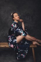 Luxe moederdag cadeautje - Kimono dames satijn - blauw met pauw en bloemen print - Maat 3XL