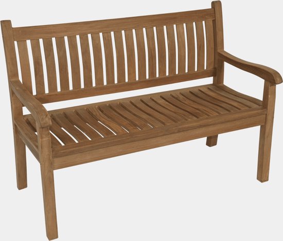 Teak houten tuinbank met een gebogen rugleuning en lamellen, op een grijze achtergrond.