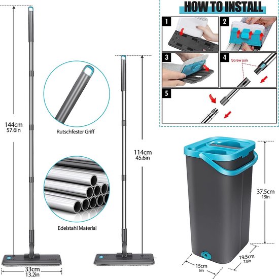 Myiosus Dweil mop met Emmer, Mop and Bucket Set met Centrifugersysteem, 5 Microvezel Reservekoppen en 5 Doeken, 145 cm Roestvrij Stalen Telescoopsteel en Voetpedaal, Dweilsysteem met Uitwringfunctie