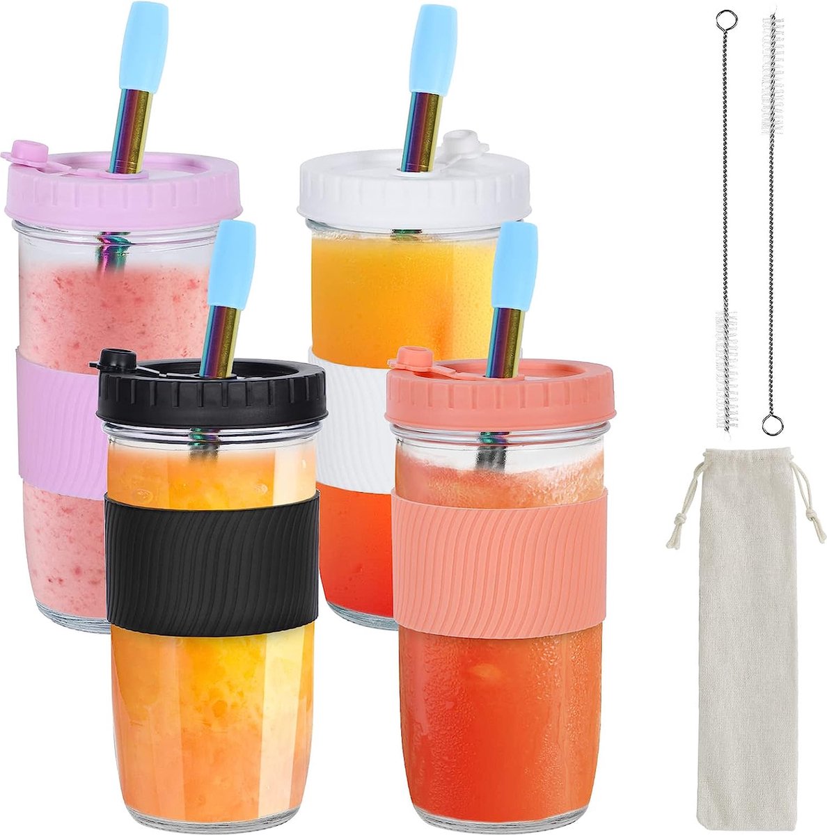 600Ml Verre Avec Paille,Lot De 4 Verre Bubble Tea Avec Pailles Et