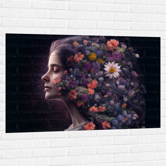 Muursticker - Zijaanzicht van Vrouw met Kapsel van Bloemen tegen Zwarte Achtergrond - 120x80 cm Foto op Muursticker