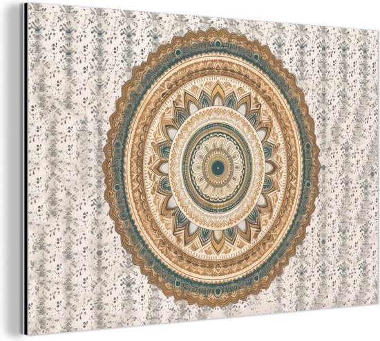 Wanddecoratie Metaal - Aluminium Schilderij Industrieel - Bloemen - Mandala - Vintage - Bruin - Hippie - 30x20 cm - Dibond - Foto op aluminium - Industriële muurdecoratie - Voor de woonkamer/slaapkamer